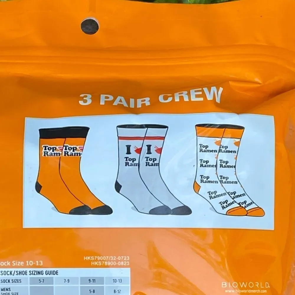 New Top Ramen Nissen Three (3) Pack Crew Socks w/Novelty Gift Packaging. Noodles